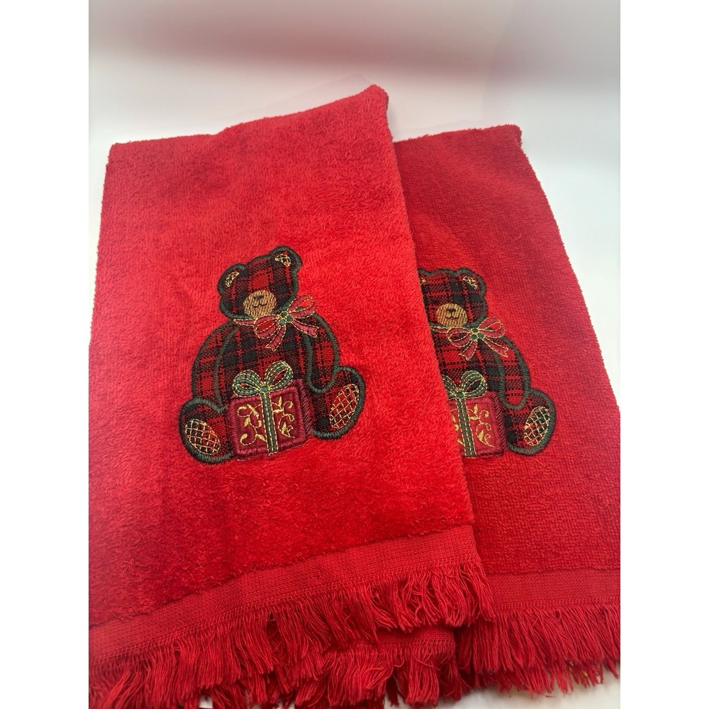 Vintage Christmas Teddy Bear Hand Towels 2 Red Embroidered Holiday Guest Towels